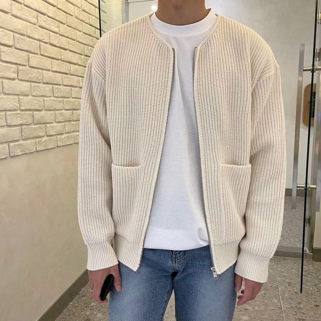 Men Zip Up Knitted Cardigan Lined Funnel Neck Jumper Sweater Pockets C ...